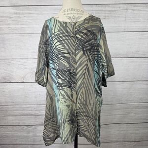 Suziko By Jessica Vintage Green and Black Women's Palm Leaf Button Down Blouse